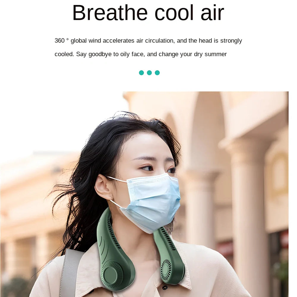 Green leafless neck fan showing 197mm length, blade-free design, and hanging configuration for hands-free cooling