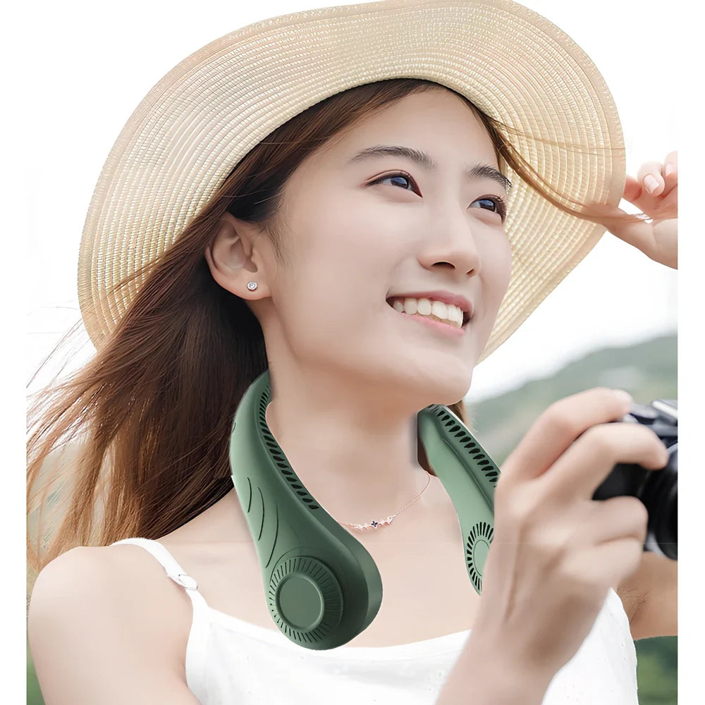 Green leafless neck fan showing 197mm length, blade-free design, and hanging configuration for hands-free cooling