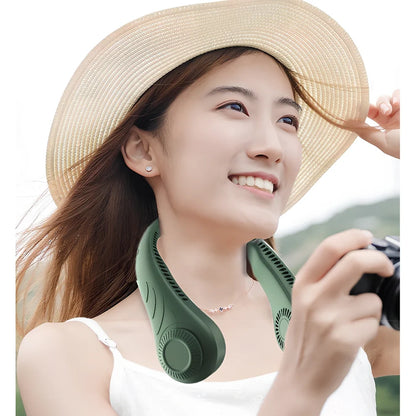 Green leafless neck fan showing 197mm length, blade-free design, and hanging configuration for hands-free cooling