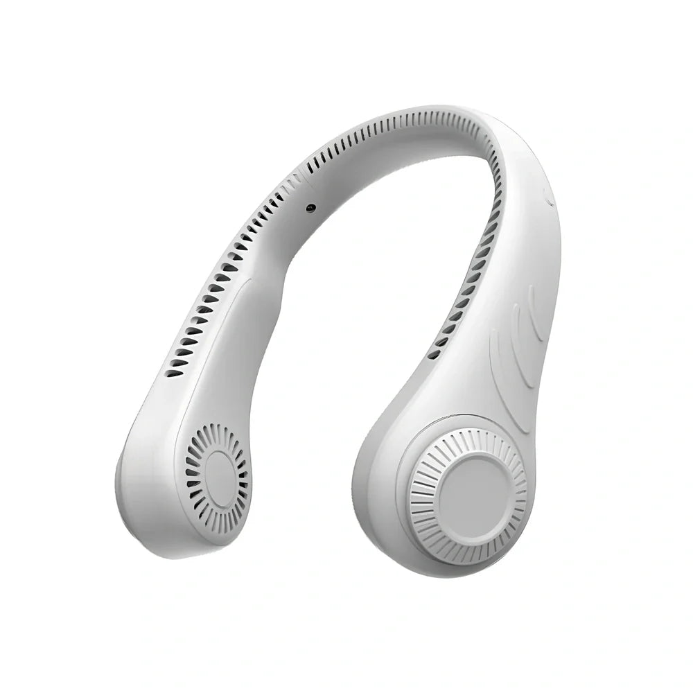 Green leafless neck fan showing 197mm length, blade-free design, and hanging configuration for hands-free cooling