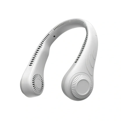 Green leafless neck fan showing 197mm length, blade-free design, and hanging configuration for hands-free cooling