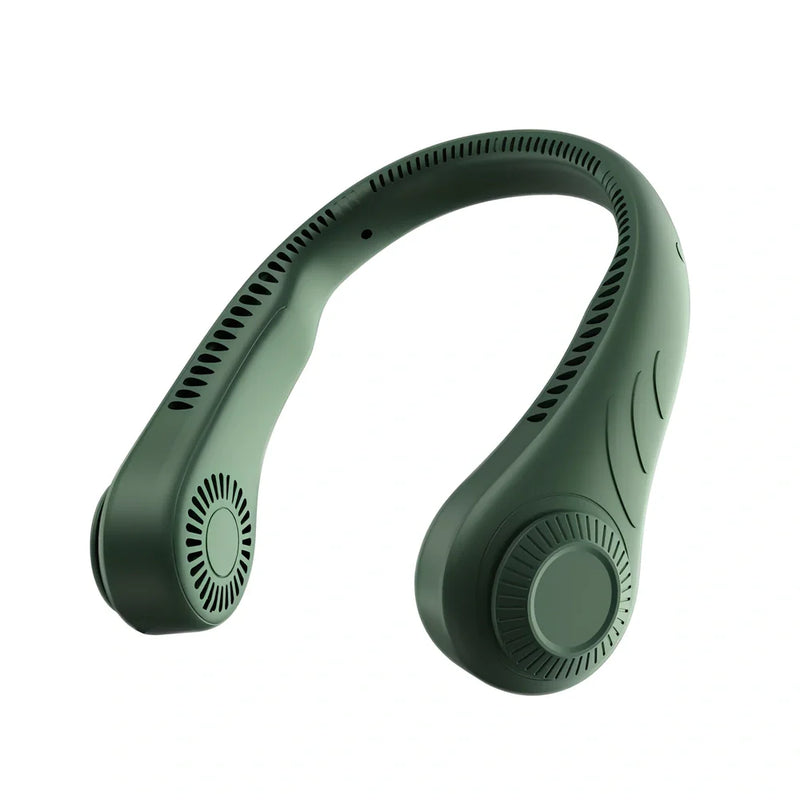 Leafless sports hanging neck fan with USB charging delivers 4.5W output power across three adjustable wind speeds, featuring ABS environmental protection material construction measuring 197x198x60mm for hands-free cooling during physical activities