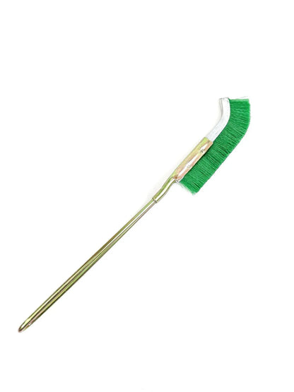 Green elbow-shaped nylon wire brush with metal handle for rust removal and appliance cleaning