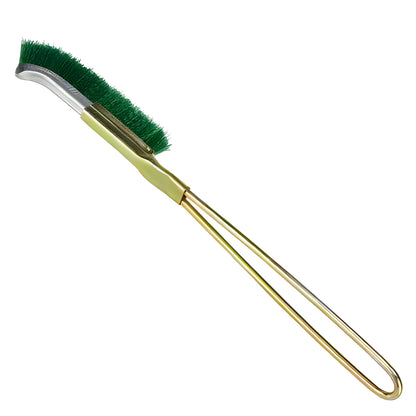Green elbow-shaped nylon wire brush with metal handle for rust removal and appliance cleaning