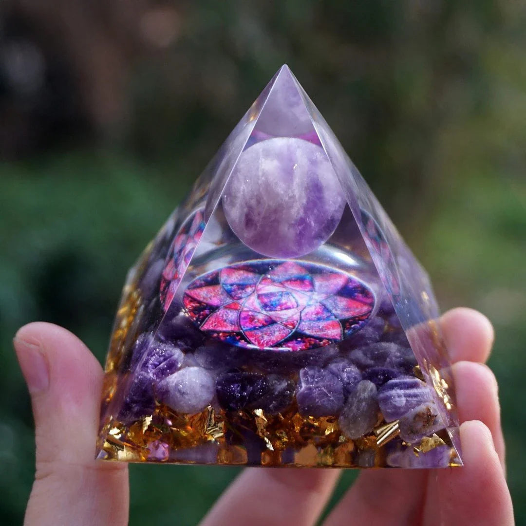 Handcrafted Tiger Eye Orgone Pyramid with Amethyst Crystals - Shields Against EMFs and Promotes Emotional Balance