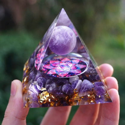 Handcrafted Tiger Eye Orgone Pyramid with Amethyst Crystals - Shields Against EMFs and Promotes Emotional Balance