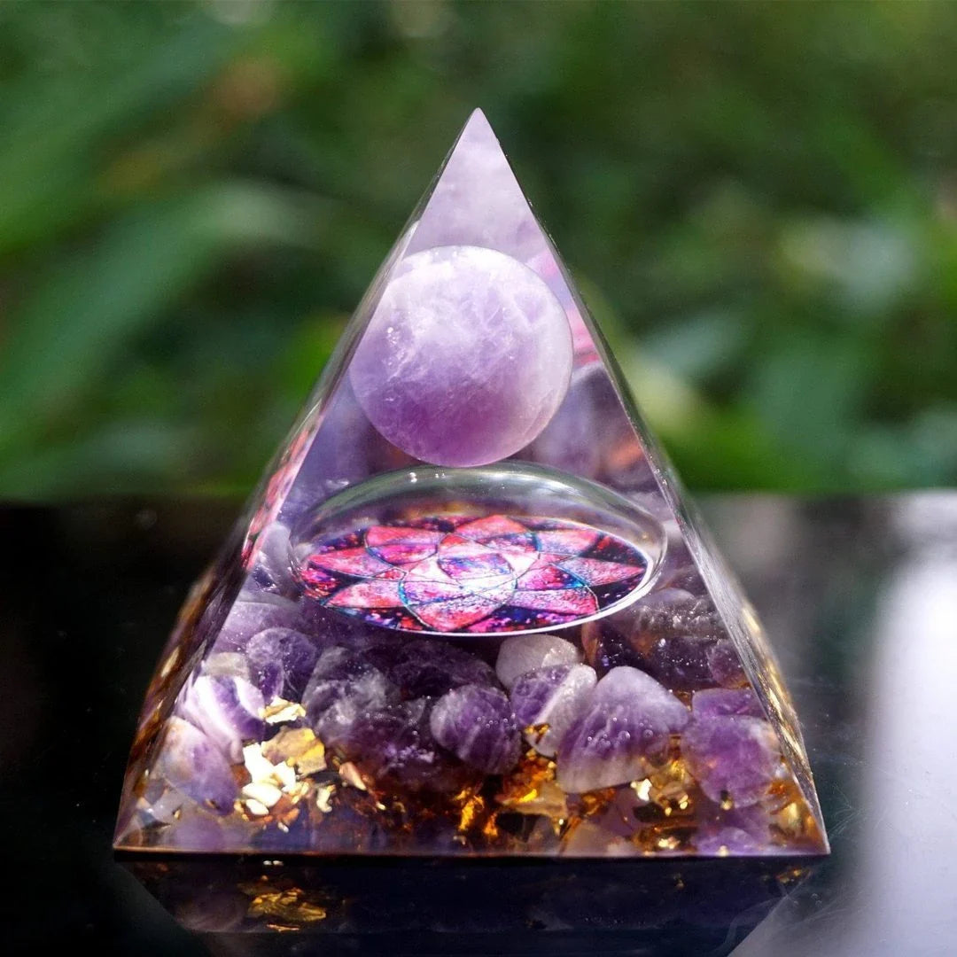 Handcrafted Tiger Eye Orgone Pyramid with Amethyst Crystals - Shields Against EMFs and Promotes Emotional Balance