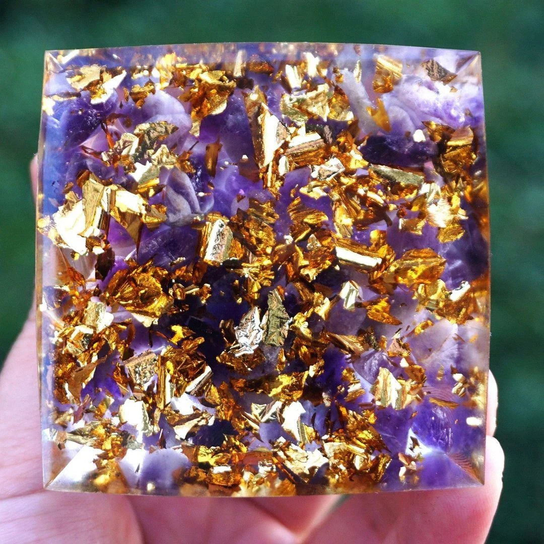 Handcrafted Tiger Eye Orgone Pyramid with Amethyst Crystals - Shields Against EMFs and Promotes Emotional Balance