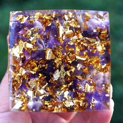 Handcrafted Tiger Eye Orgone Pyramid with Amethyst Crystals - Shields Against EMFs and Promotes Emotional Balance