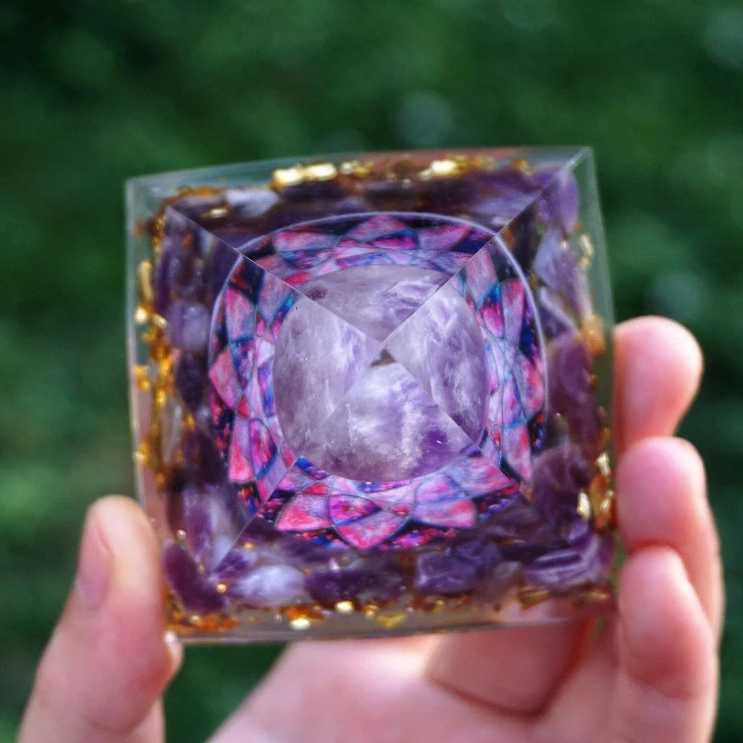 Handcrafted Tiger Eye Orgone Pyramid with Amethyst Crystals - Shields Against EMFs and Promotes Emotional Balance