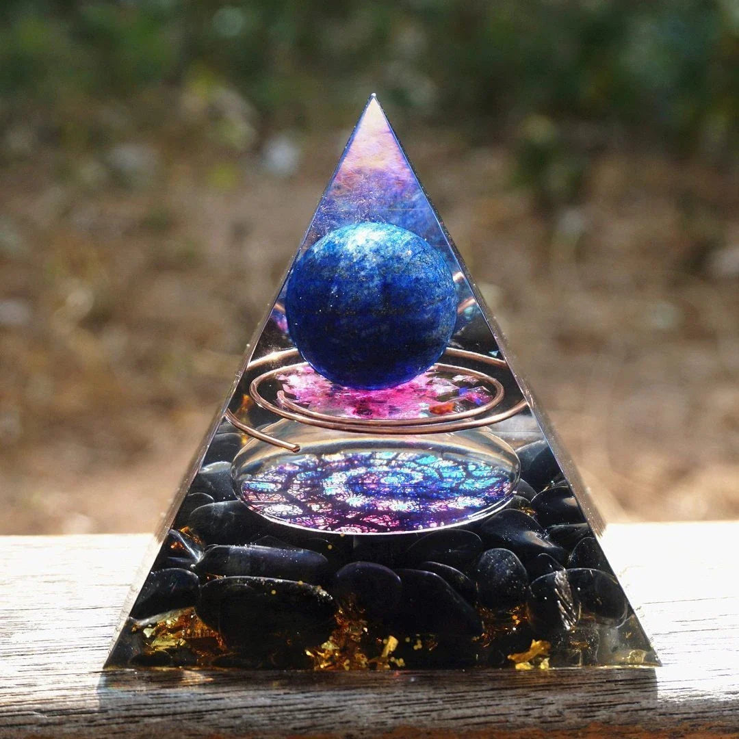 Handcrafted Tiger Eye Orgone Pyramid with Amethyst Crystals - Shields Against EMFs and Promotes Emotional Balance