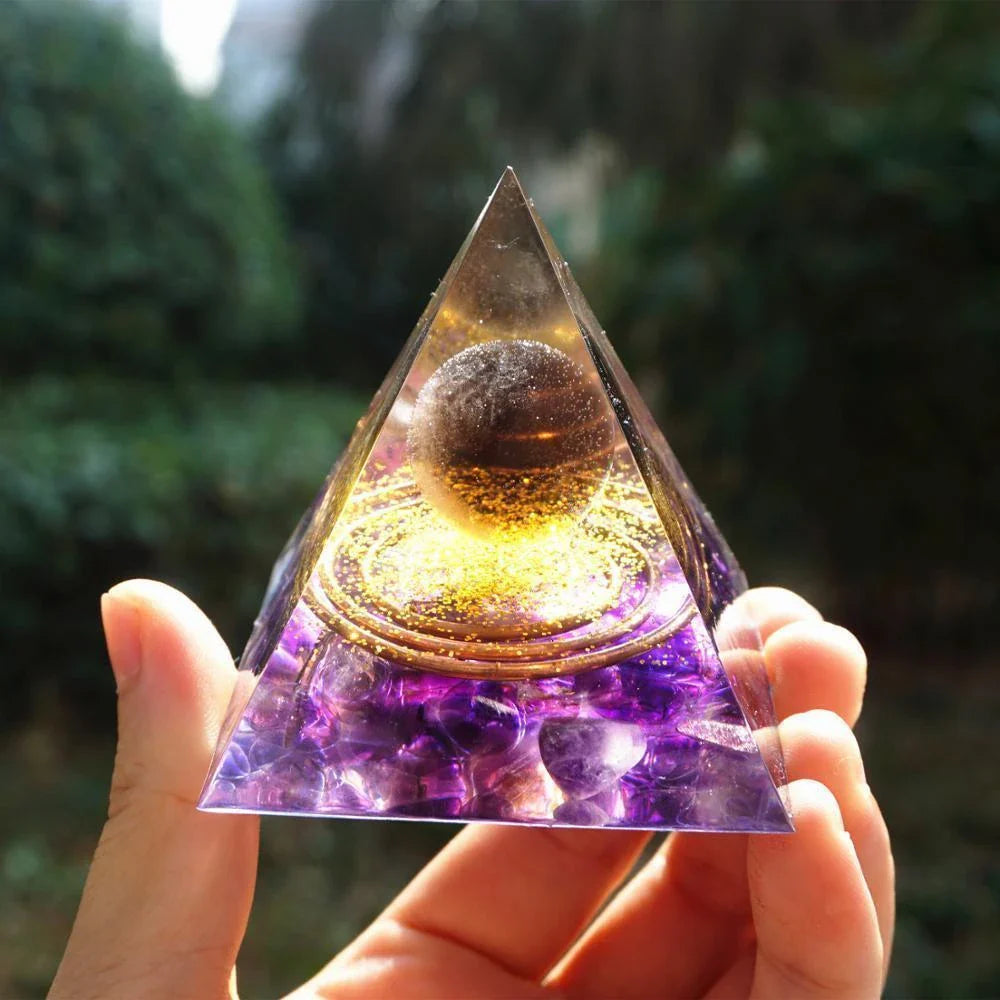Handcrafted Tiger Eye Orgone Pyramid with Amethyst Crystals - Shields Against EMFs and Promotes Emotional Balance