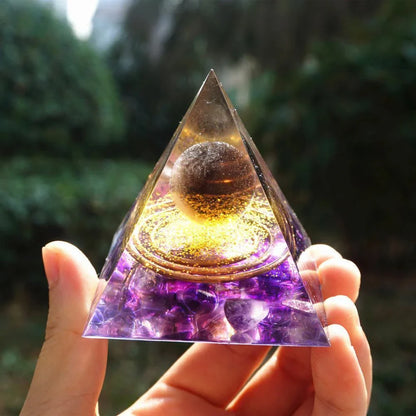 Handcrafted Tiger Eye Orgone Pyramid with Amethyst Crystals - Shields Against EMFs and Promotes Emotional Balance