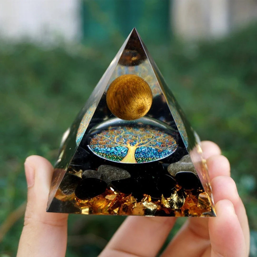 Handcrafted Tiger Eye Orgone Pyramid with Amethyst Crystals - Shields Against EMFs and Promotes Emotional Balance
