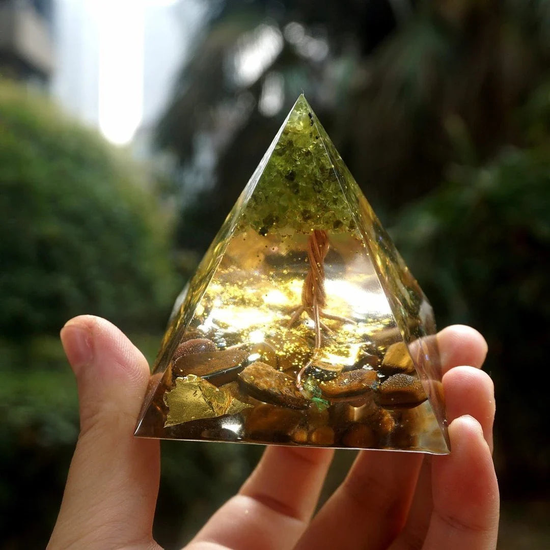 Handcrafted Tiger Eye Orgone Pyramid with Amethyst Crystals - Shields Against EMFs and Promotes Emotional Balance
