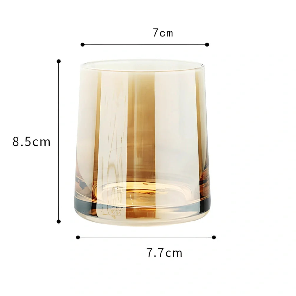 Set of heat-resistant glass whiskey cups in amber and transparent, 8.5cm tall with 60ml capacity for clear pours