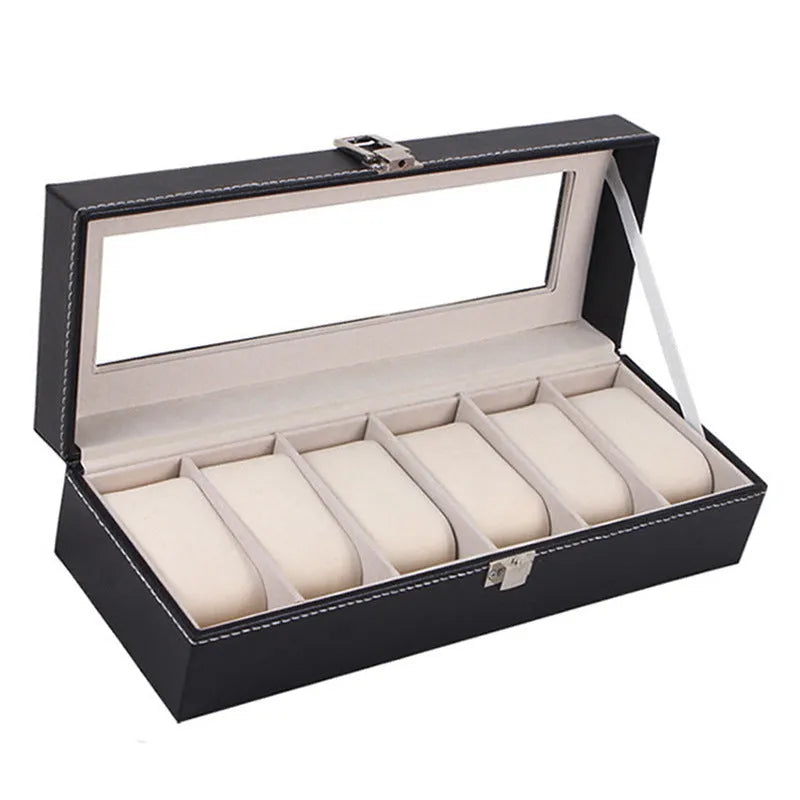 Black wooden watch jewellery box with six display windows for watch storage and organisation