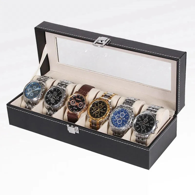 Black wooden watch jewellery box with six display windows for watch storage and organisation