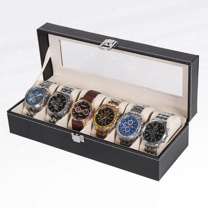 Black wooden watch jewellery box with six display windows for watch storage and organisation
