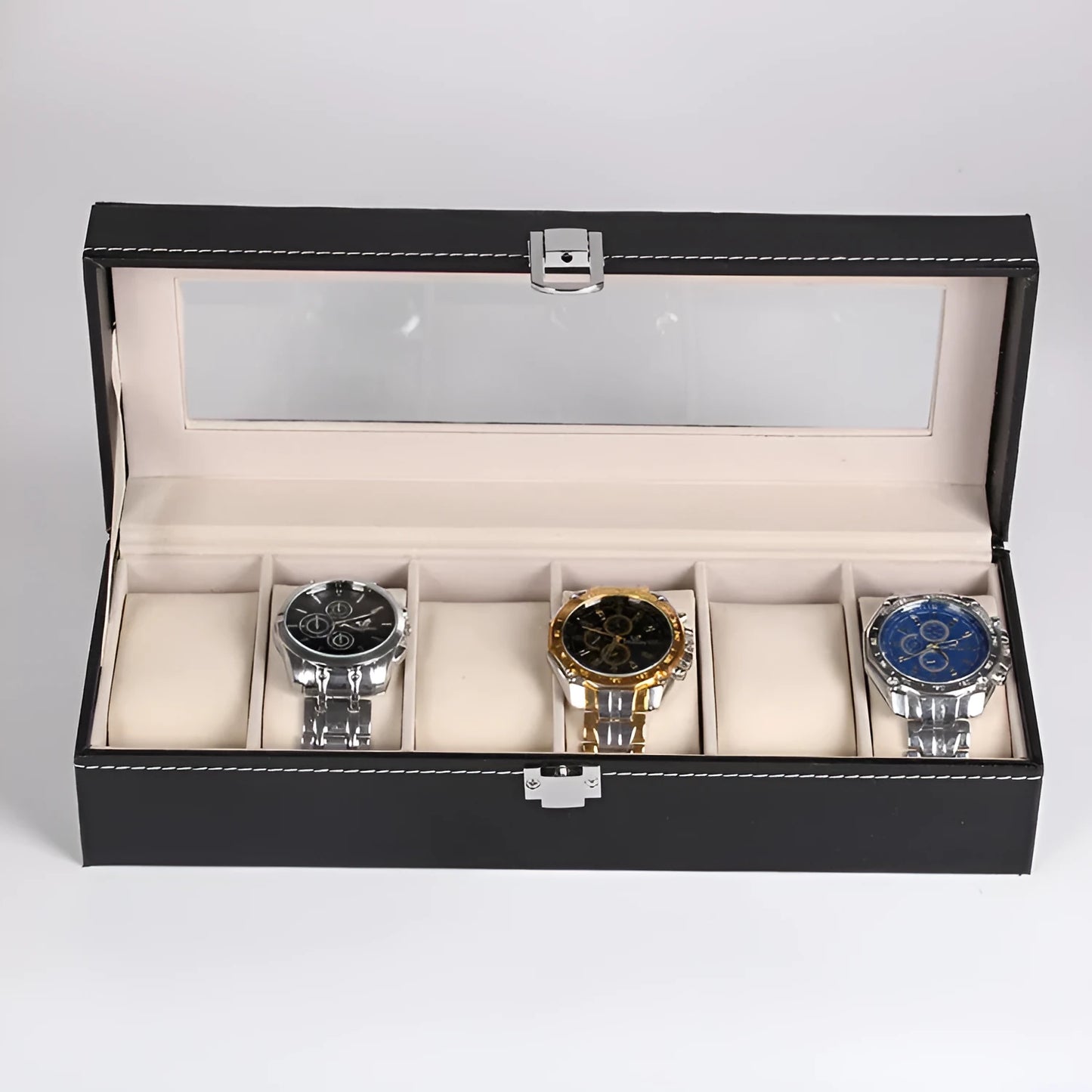 Black wooden watch jewellery box with six display windows for watch storage and organisation