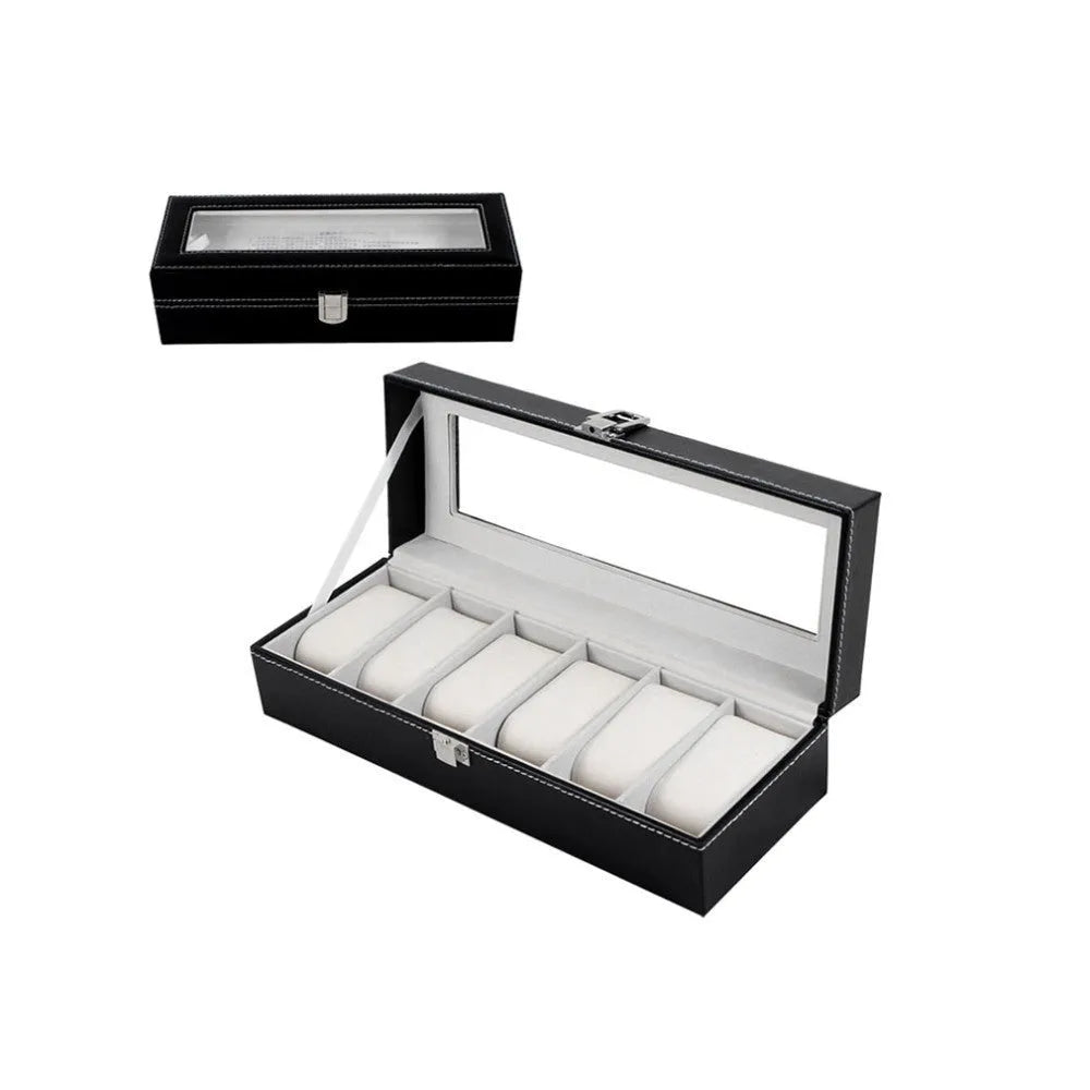 Black wooden watch jewellery box with six display windows for watch storage and organisation