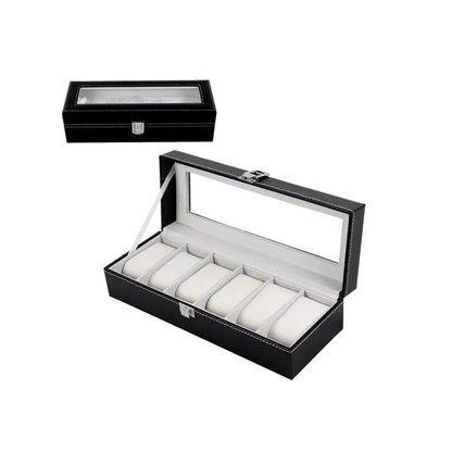 Black wooden watch jewellery box with six display windows for watch storage and organisation