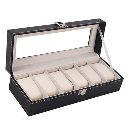 Black wooden watch jewellery box with six display windows for watch storage and organisation