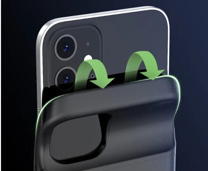 Black ultra-thin wireless back clip battery pack attached to an iPhone 12 phone in a soft TPU case.