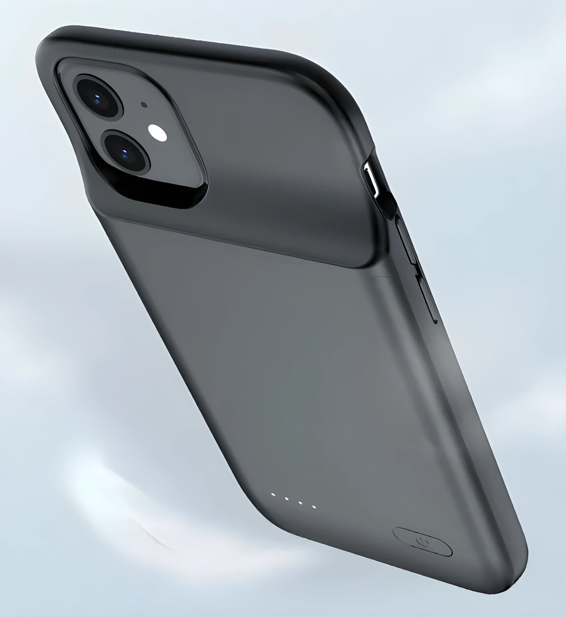 Black ultra-thin wireless back clip battery pack attached to an iPhone 12 phone in a soft TPU case.