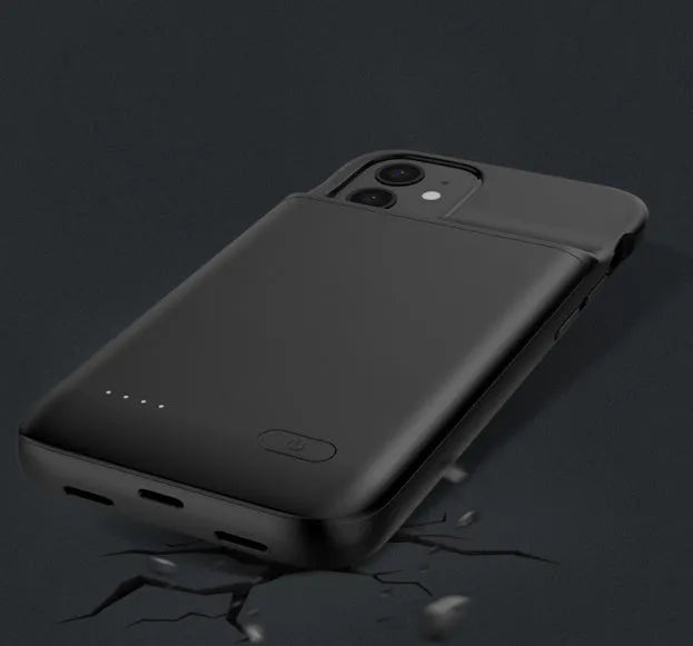 Black ultra-thin wireless back clip battery pack attached to an iPhone 12 phone in a soft TPU case.