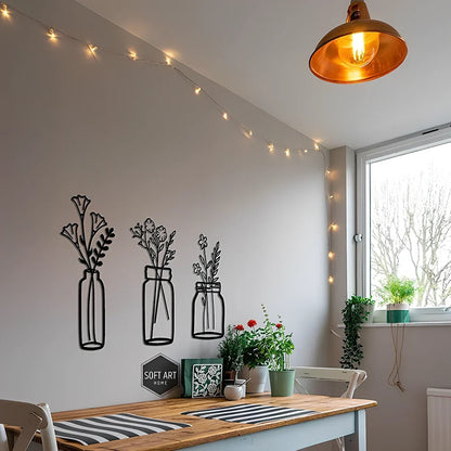 Black manual iron flower silhouette wall hanging, 40 cm high, single or set with mount