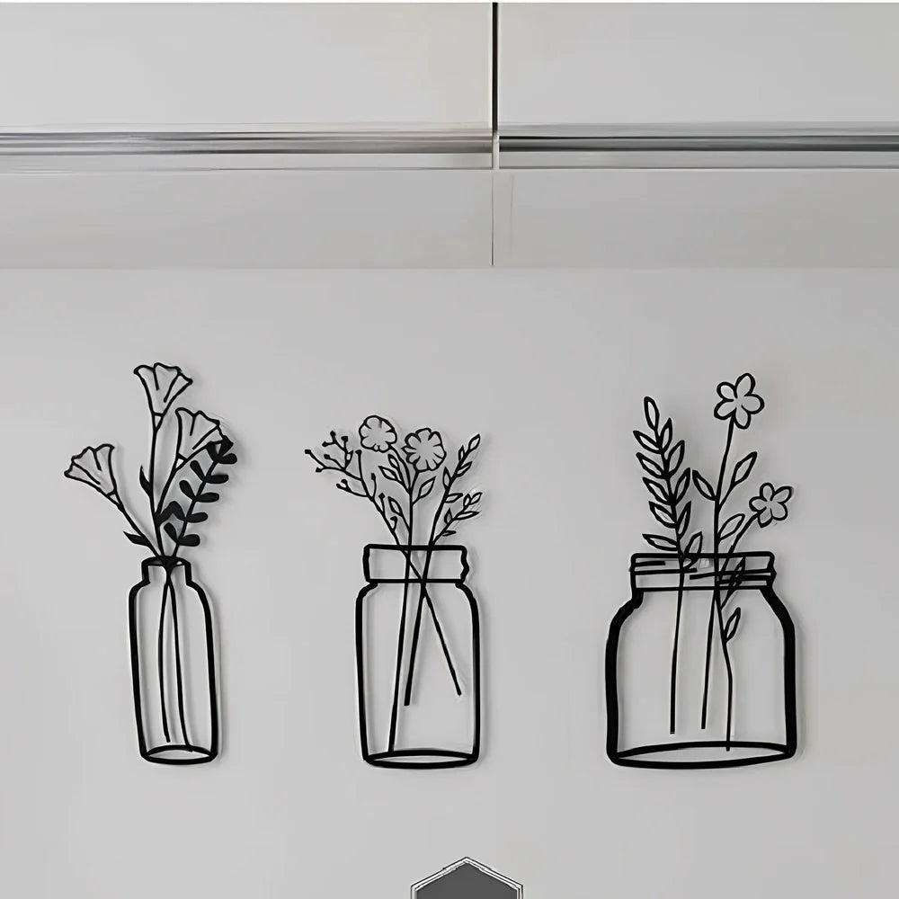 Black manual iron flower silhouette wall hanging, 40 cm high, single or set with mount