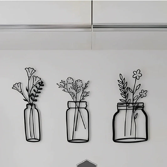 Black manual iron flower silhouette wall hanging, 40 cm high, single or set with mount