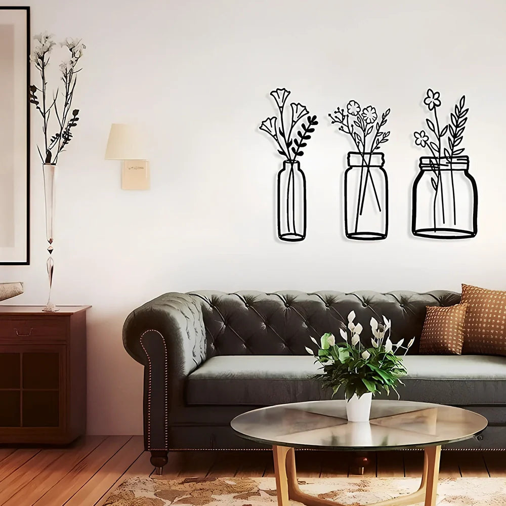 Black manual iron flower silhouette wall hanging, 40 cm high, single or set with mount