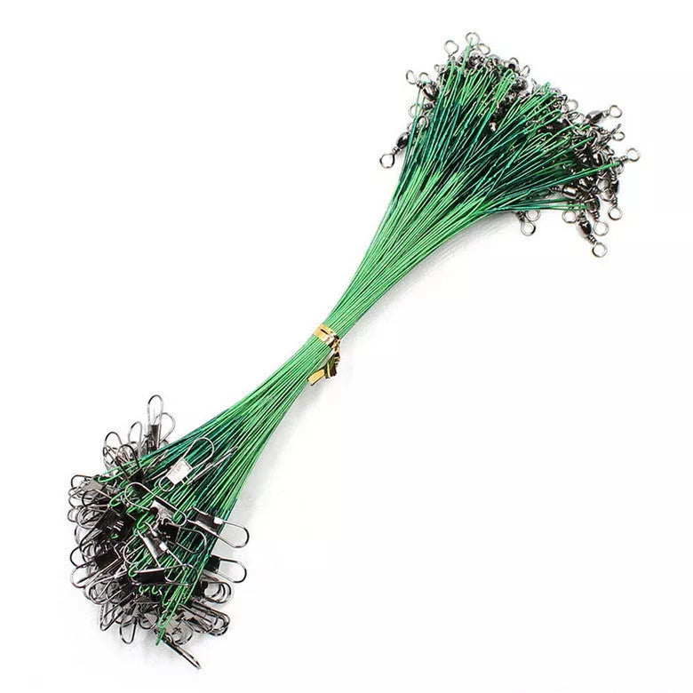 20PCS anti-bite steel fishing line leaders with swivel in black and green, lengths 15cm-30cm