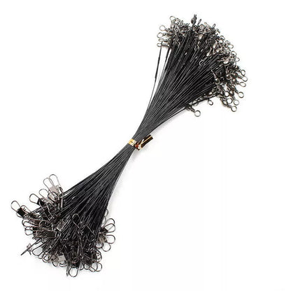 20PCS anti-bite steel fishing line leaders with swivel in black and green, lengths 15cm-30cm