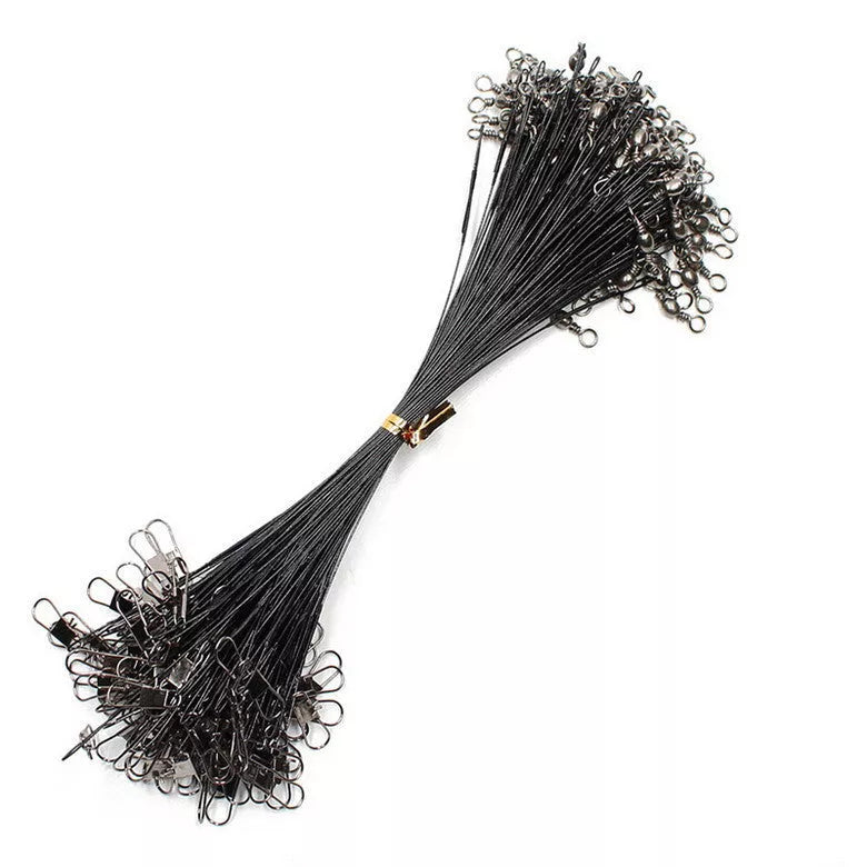 20PCS anti-bite steel fishing line leaders with swivel in black and green, lengths 15cm-30cm