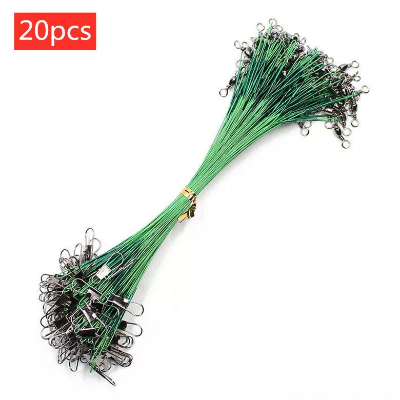 20PCS anti-bite steel fishing line leaders with swivel in black and green, lengths 15cm-30cm