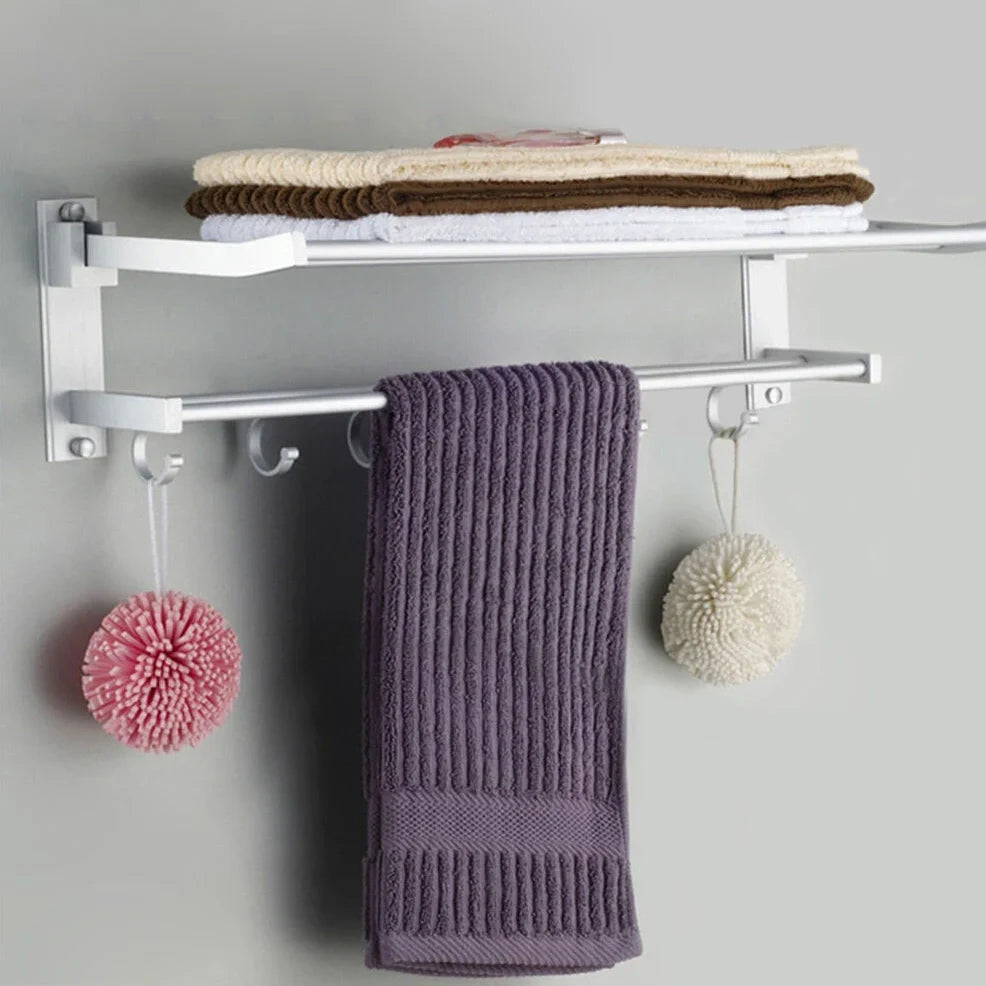 Silver aluminium 2-layer wall-mounted towel rack, 49cm length, for bathroom storage