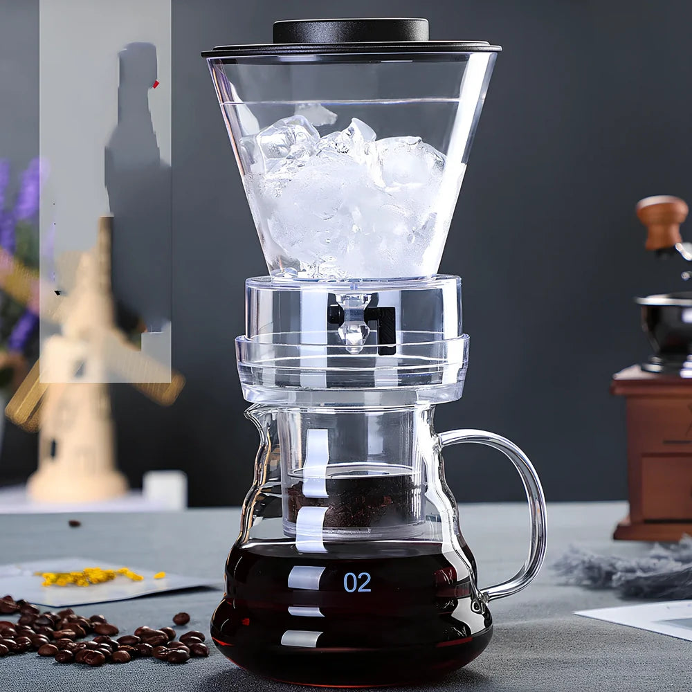 Glass ice drip coffee pot with traditional Chinese design and adjustable cold brew mechanism