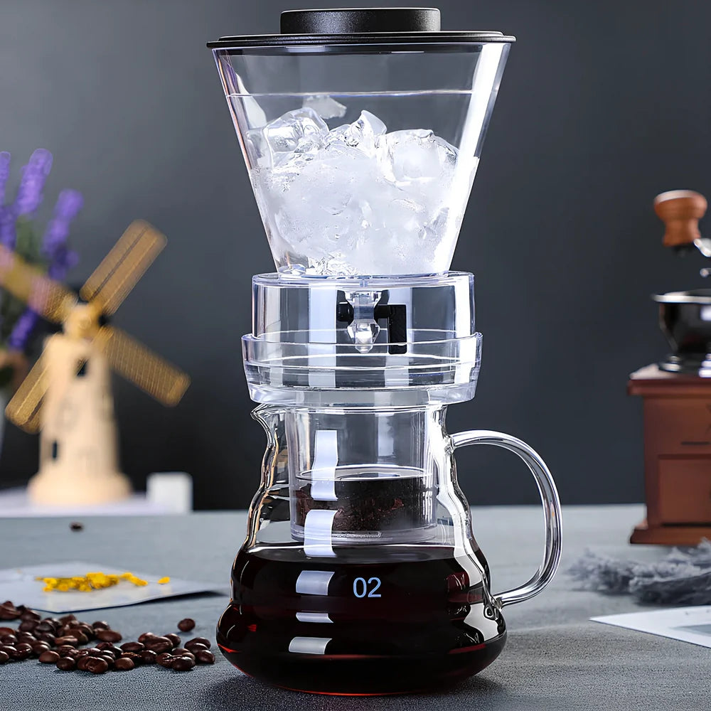 Glass ice drip coffee pot with traditional Chinese design and adjustable cold brew mechanism