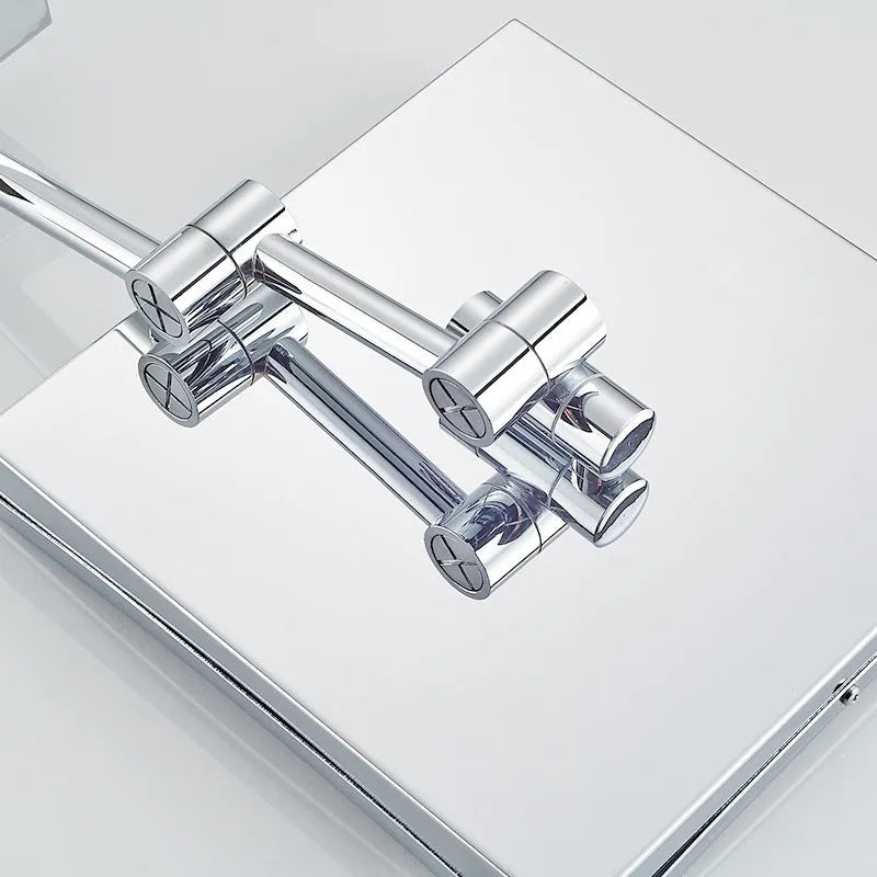 8.5 inch stainless steel folding makeup mirror in silver finish with a hidden switch