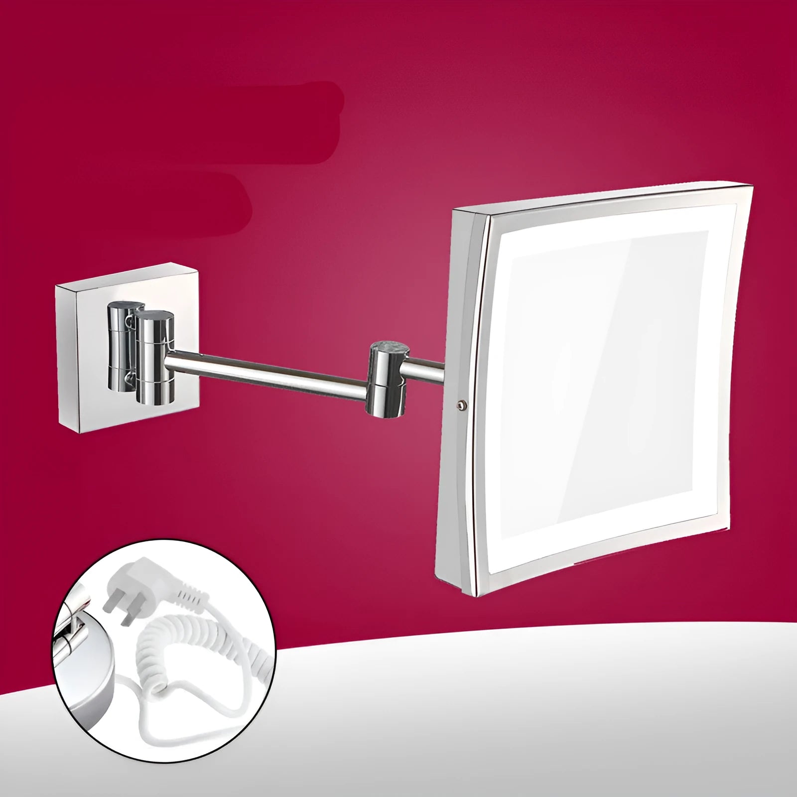 8.5 inch stainless steel folding makeup mirror in silver finish with a hidden switch