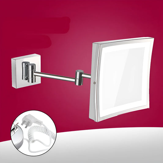 8.5 inch stainless steel folding makeup mirror in silver finish with a hidden switch