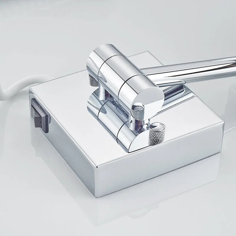 8.5 inch stainless steel folding makeup mirror in silver finish with a hidden switch