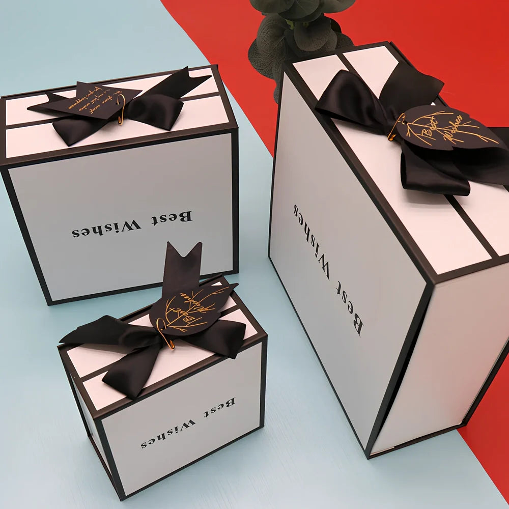 White clamshell gift box for lipstick cosmetics with book-style opening in three size options