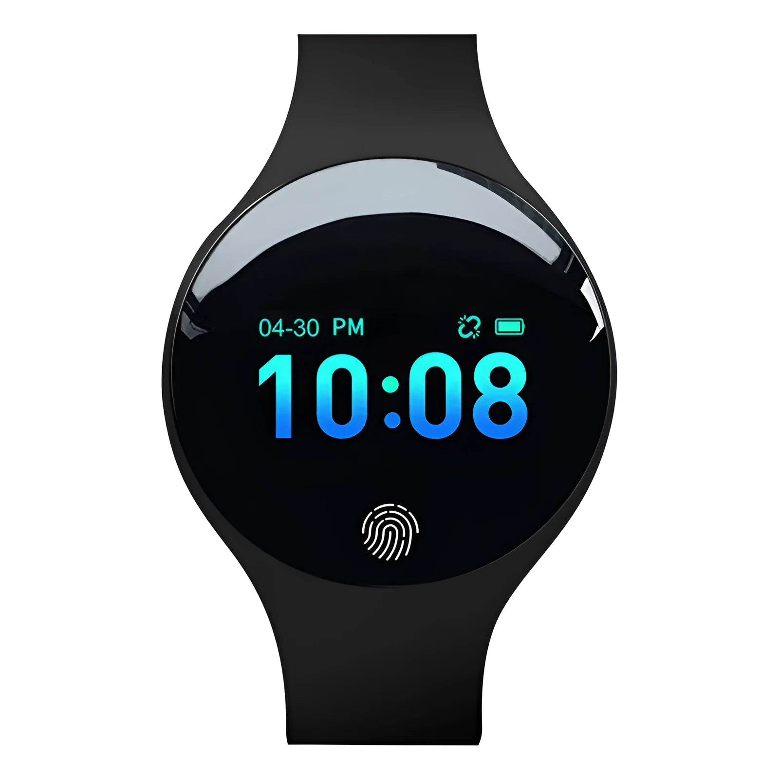 Blue smart watch with black strap showing 0.66-inch screen, vibrating alarm, and pedometer functions on a wrist.