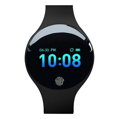 Blue smart watch with black strap showing 0.66-inch screen, vibrating alarm, and pedometer functions on a wrist.