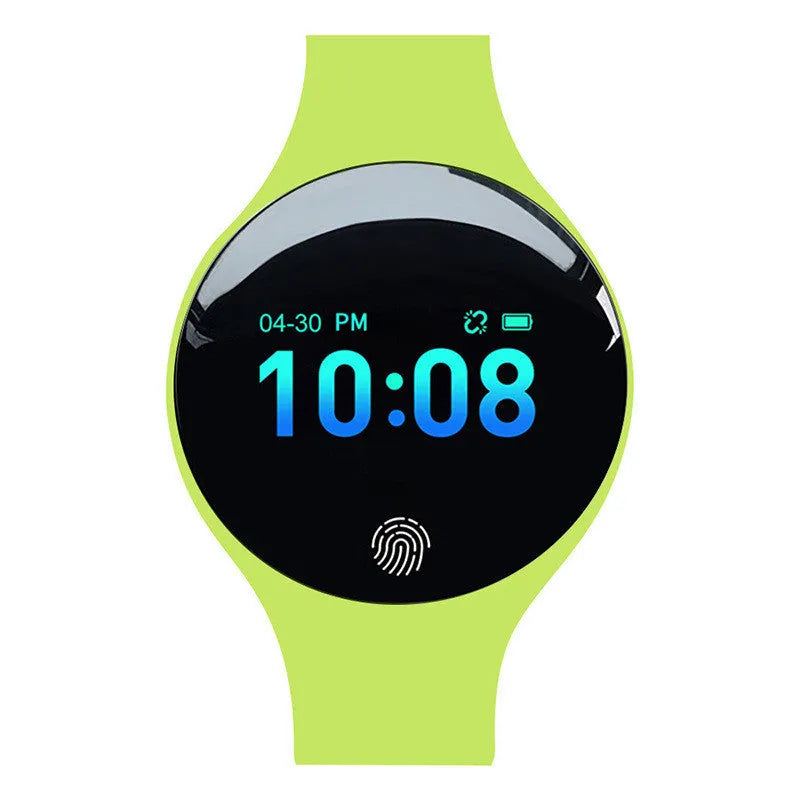 Blue smart watch with black strap showing 0.66-inch screen, vibrating alarm, and pedometer functions on a wrist.