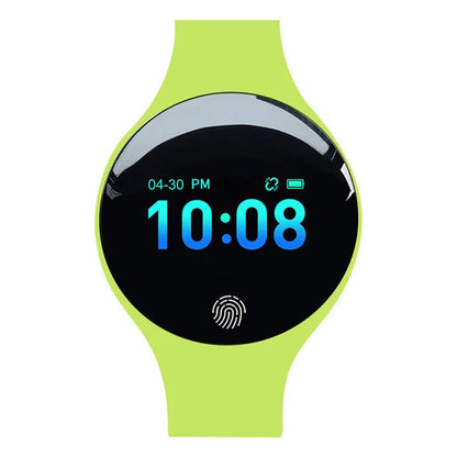 Blue smart watch with black strap showing 0.66-inch screen, vibrating alarm, and pedometer functions on a wrist.